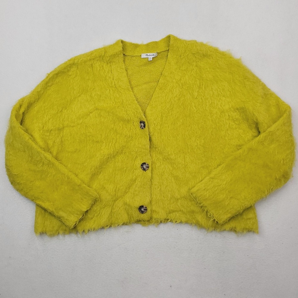 Madewell Brushed Cardigan Sweater Womens XL Chartreuse Fuzzy Alpaca Wool Crop